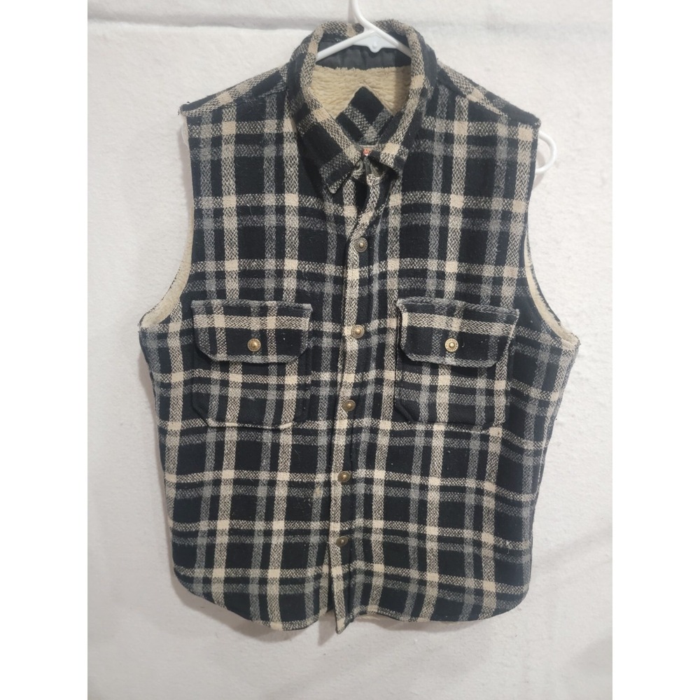 Paragraff Plaid Wool Vest Sherpa Lined Black Gray Mens Small Vintage Workwear‎